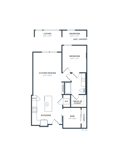 Floor plan for 1 bed, 1 bath, 870 sqft